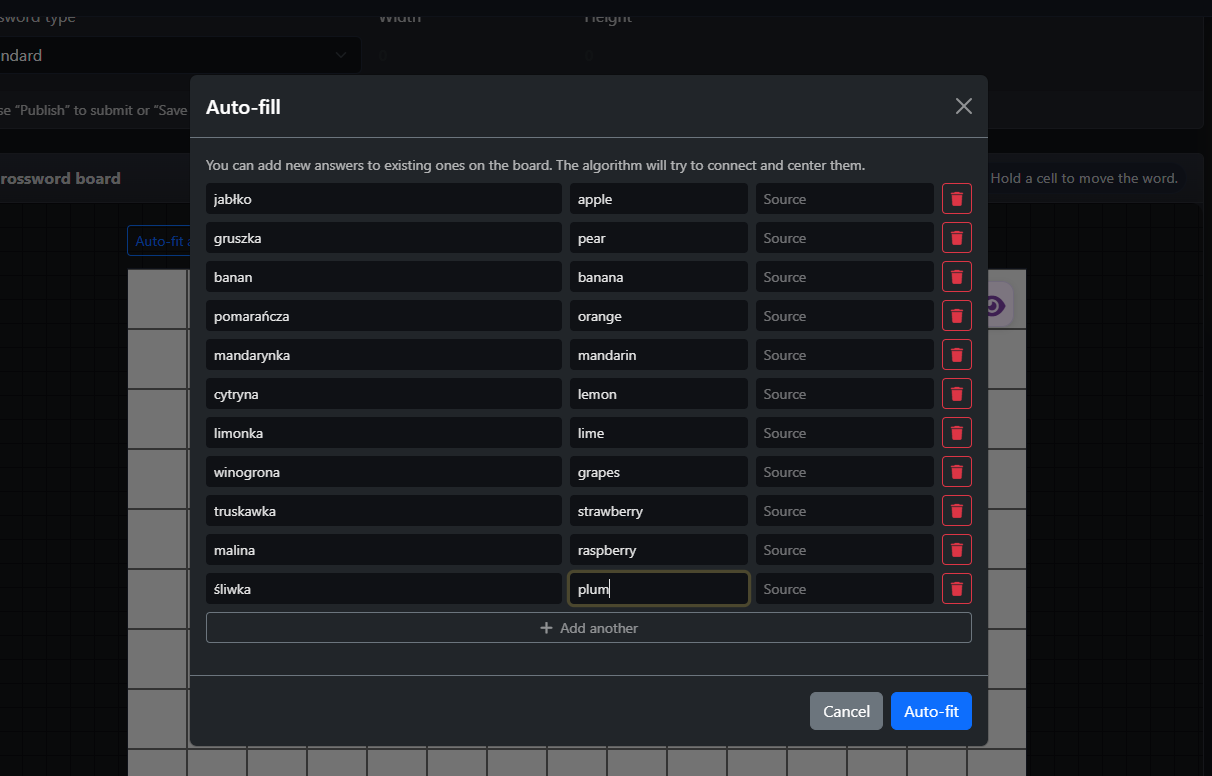 Pole Auto-fit w kreatorze krzyżówek Knowie.