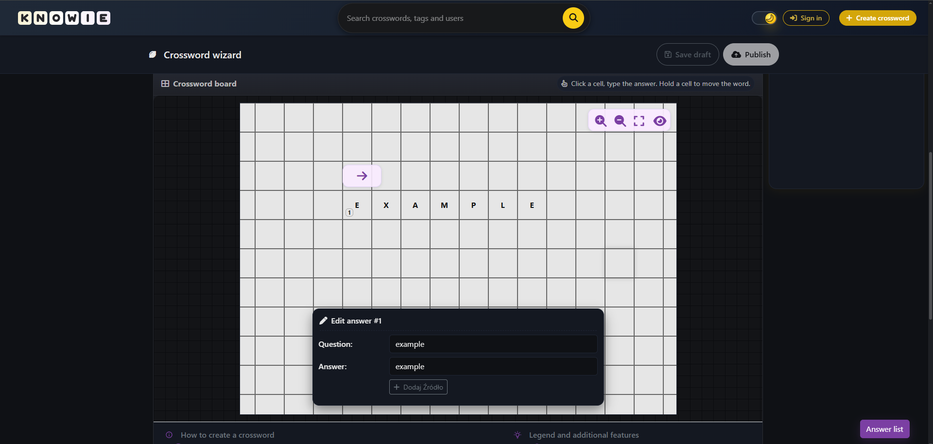 Okno edycji hasła – widoczna siatka i panel dodawania pytań.
