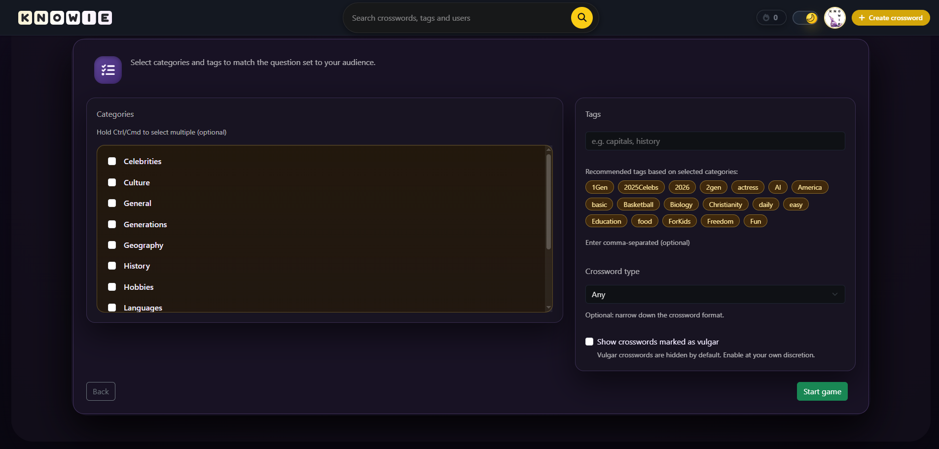 Wybór kategorii i tagów w grze dla streamera