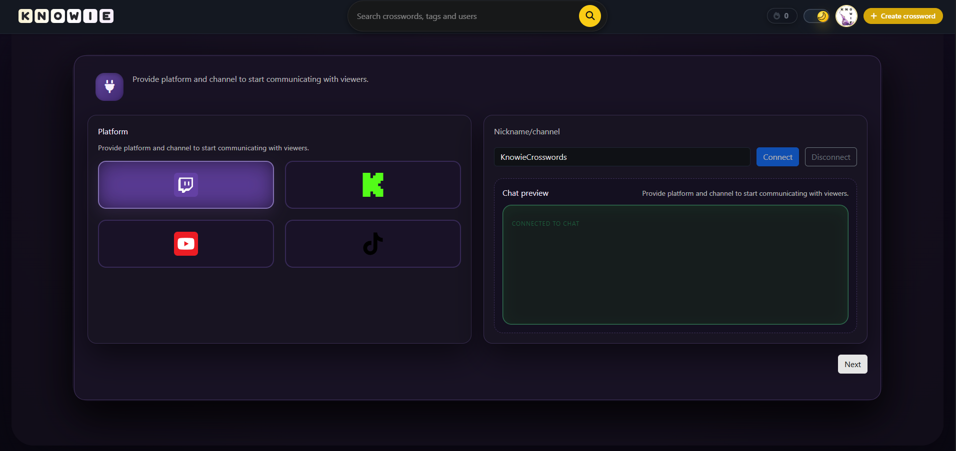 Panel konfiguracji połączenia z czatem Twitch, YouTube, Kick